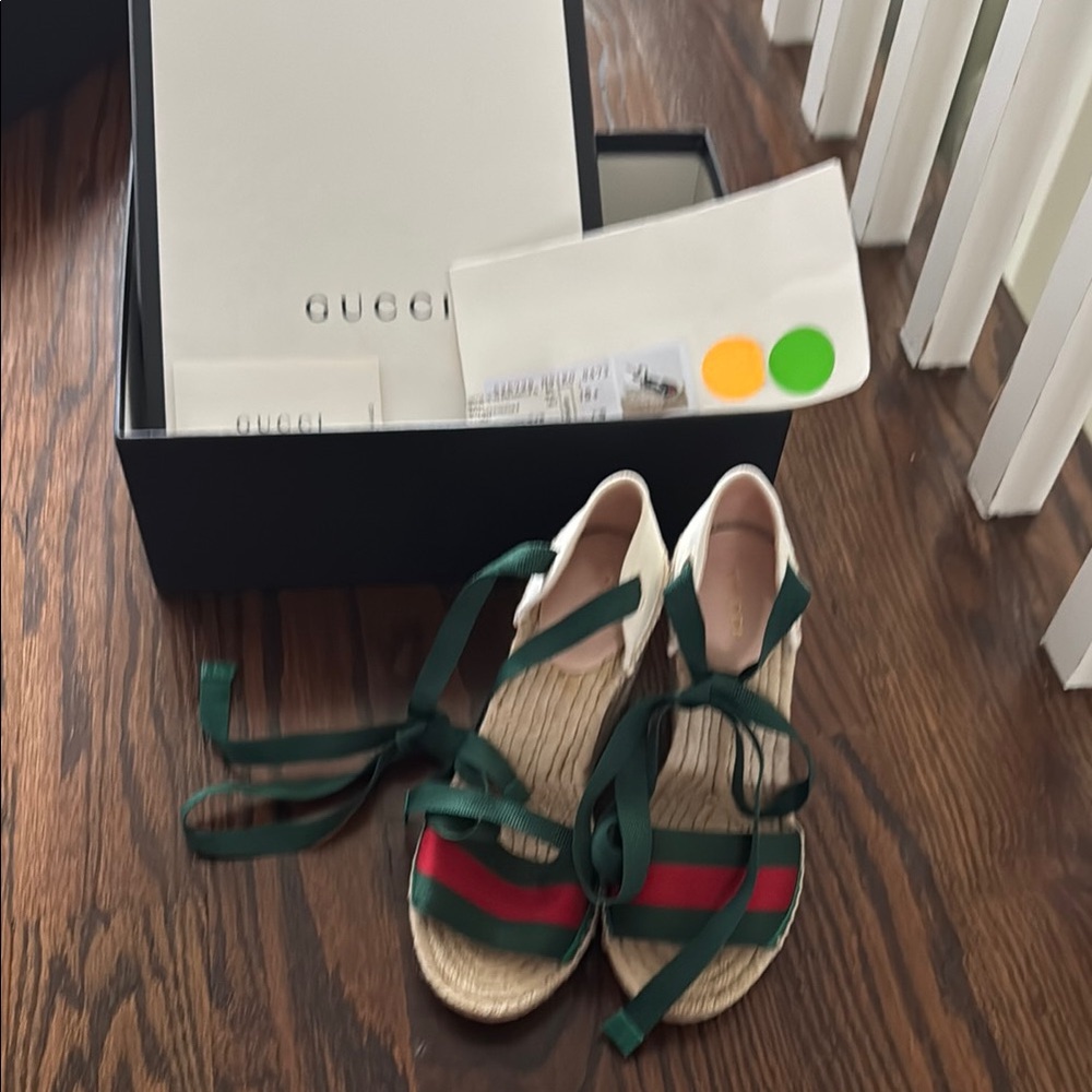 Gucci Espadrille Wedge Green and Red Espadrille Shoes with Signature Stripes